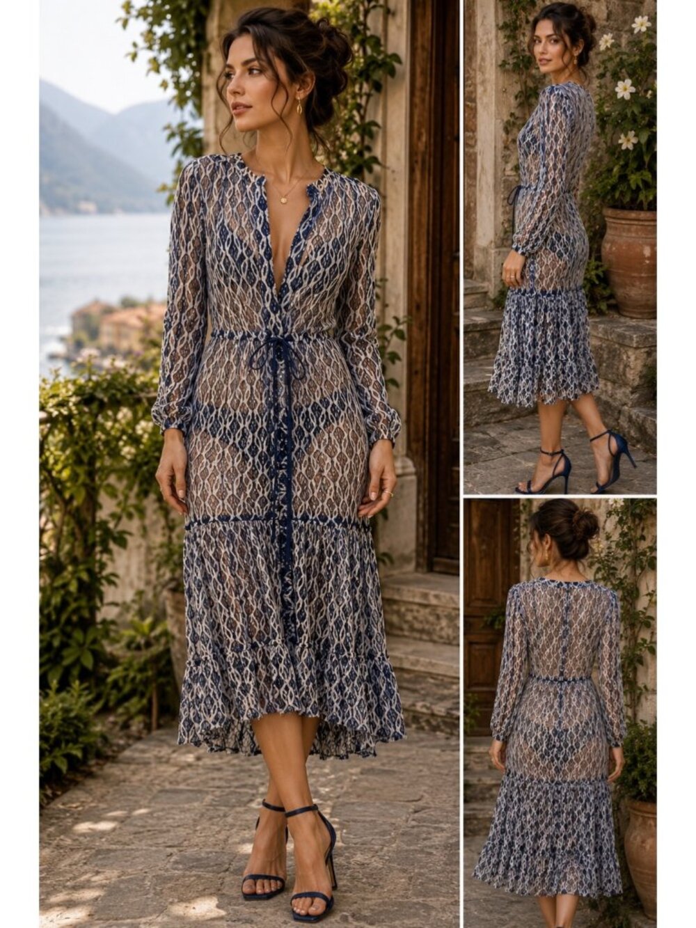 Goretty Medina XS Navy Silver Lace Sheer Midi Dress Ruffle Hem Colombian Designe
